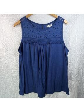 Max Studio Navy Cotton Lace Tank Top Boho Sleeveless Textured Blouse 1X Feminine
